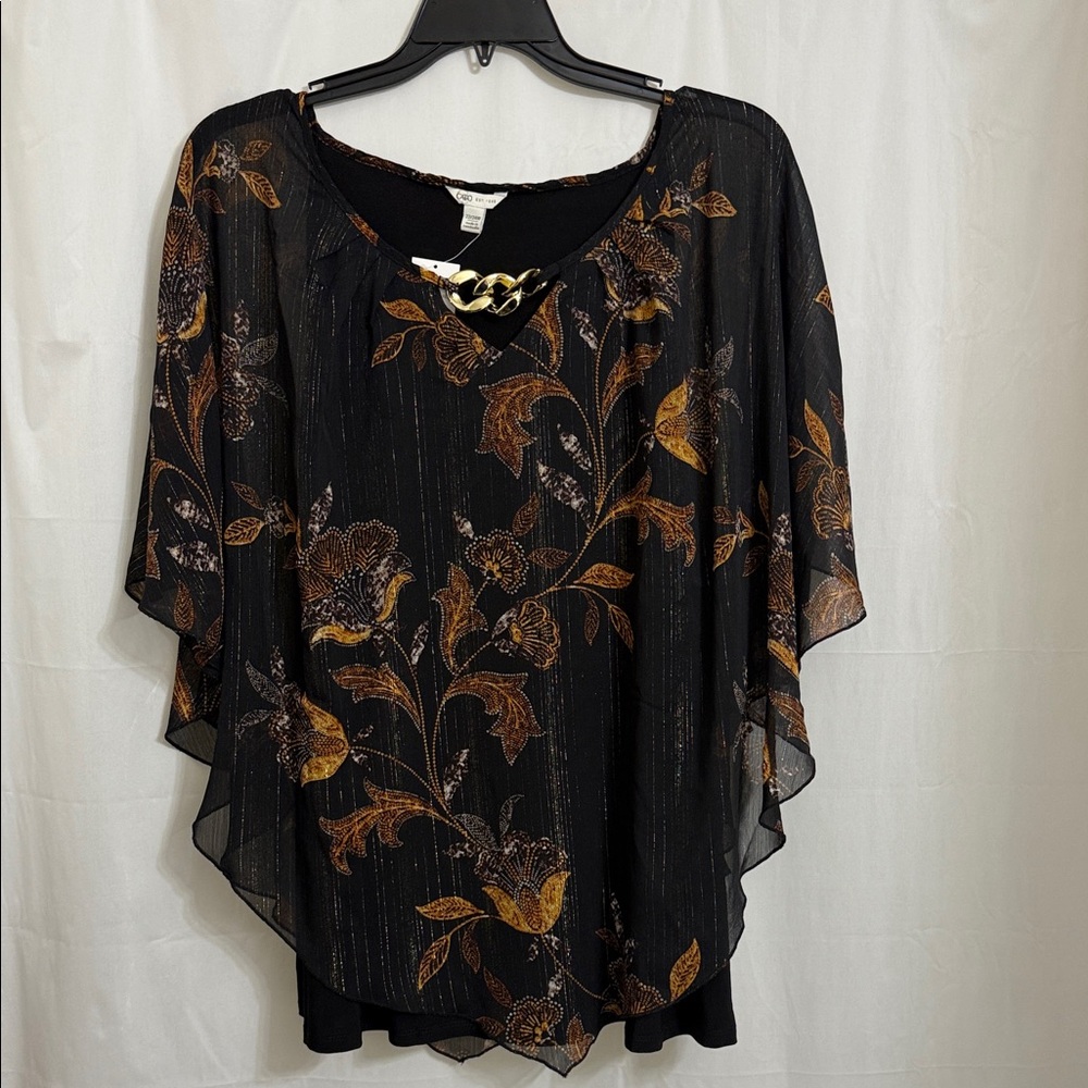 Black and Gold Shimmer Floral Overlay Top With Gold Chain Embellishment. 2 sizes